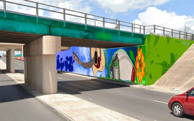 Mural featuring a guitar, accordion, Mexican marigolds and a mariachi silhouette