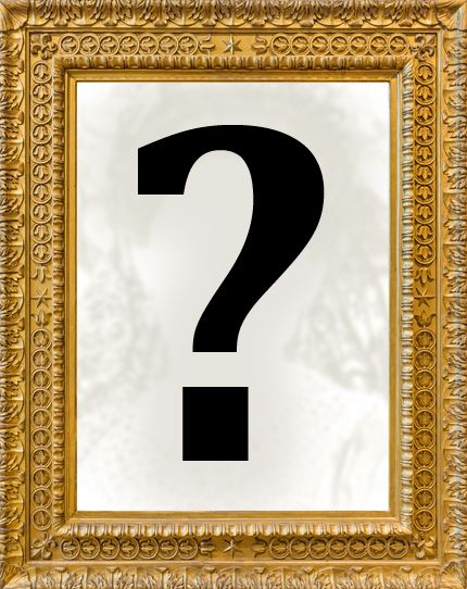 A picture frame with a blurry image obscured by a large question mark