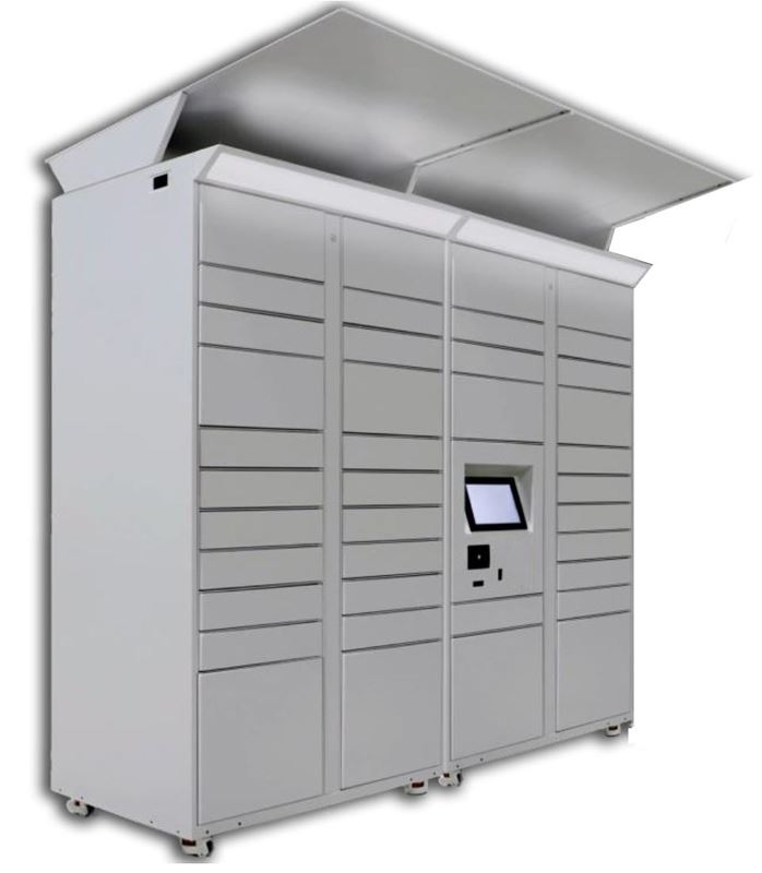A large metal locker structure with many individual lockers and a touchscreen