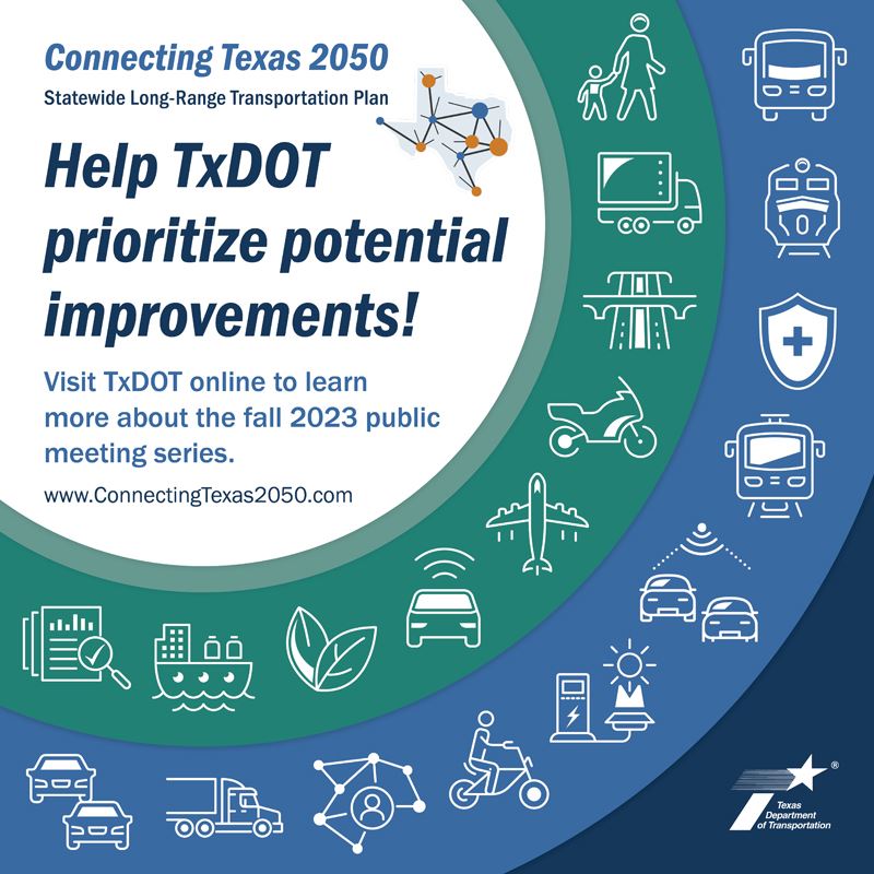 Help TxDOT prioritize potential improvements. Visit www.connectingtexas2050.com to learn more.