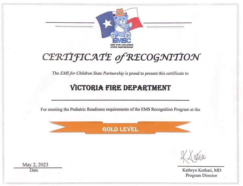 2023 EMSC Recognition Gold Certificate of Recognition