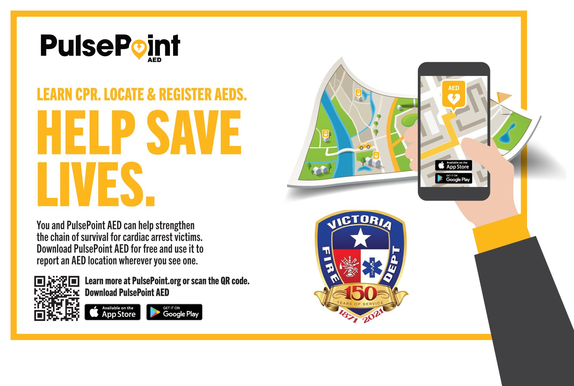 PulsePoint AED. Learn CPR. Locate and register AEDs. Help save lives. Learn more at Pulsepoint.org