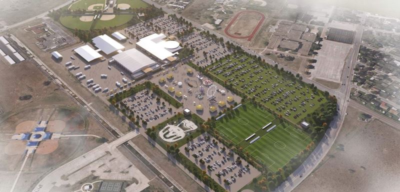 Aerial view of the new community center showing arena, carnival area, soccer and expanded parking
