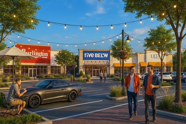 Shopping center with Burlington, Five Below and Ulta. String lighting in the parking lot.