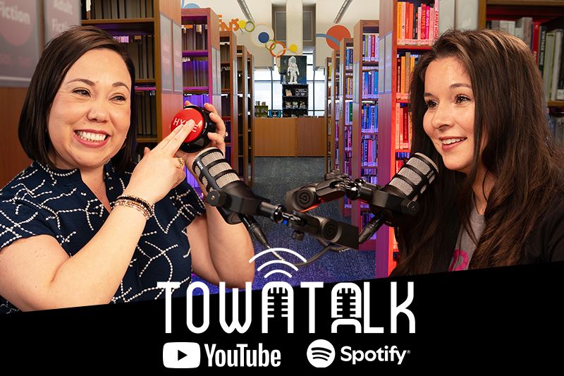 Jessica Berger with hype button and Ashley Strevel. Town Talk. YouTube and Spotify.