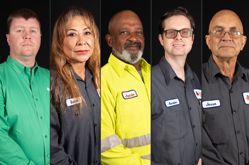 Side by side headshots of five people