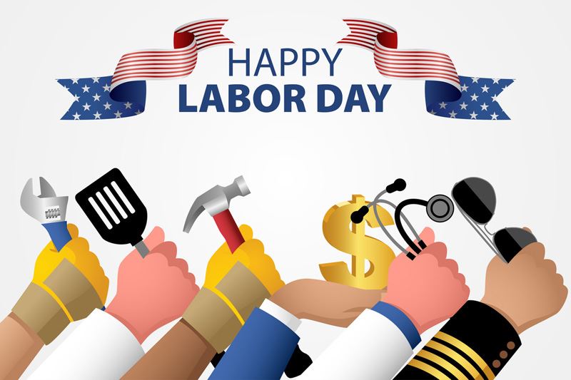 Happy labor day. Illustration of raised fists holding tools of blue collar and white collar jobs