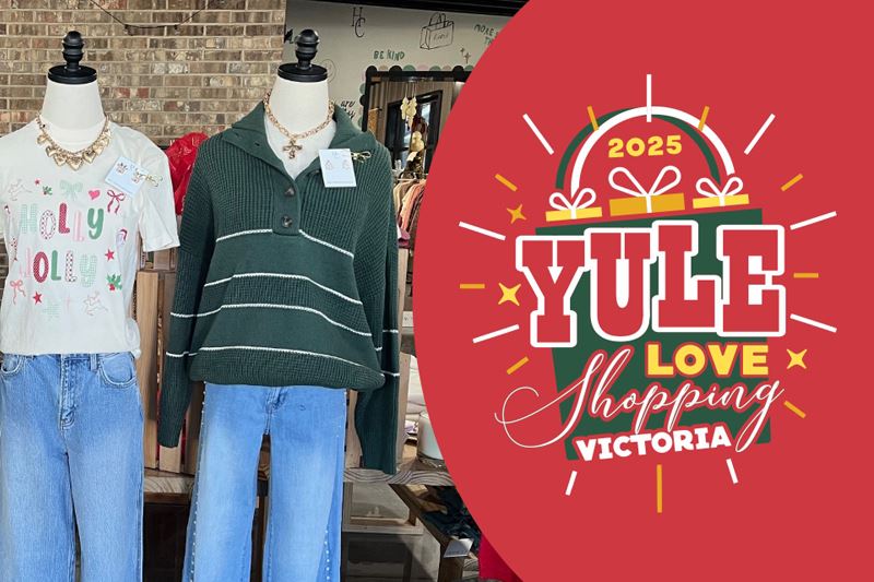 2025 Yule Love Shopping Victoria logo with a Christmas gift image on a photo of holiday clothing