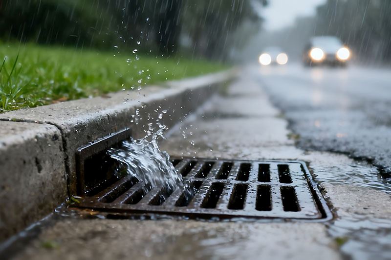 Stormwater draining into a gutter.