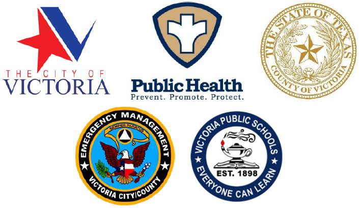 Logos for City of Victoria, Victoria County, OEM, Public Health Department, VISD