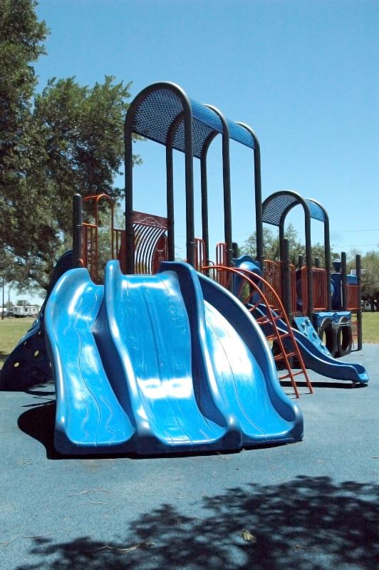 3 blue slides at Hopkins Park