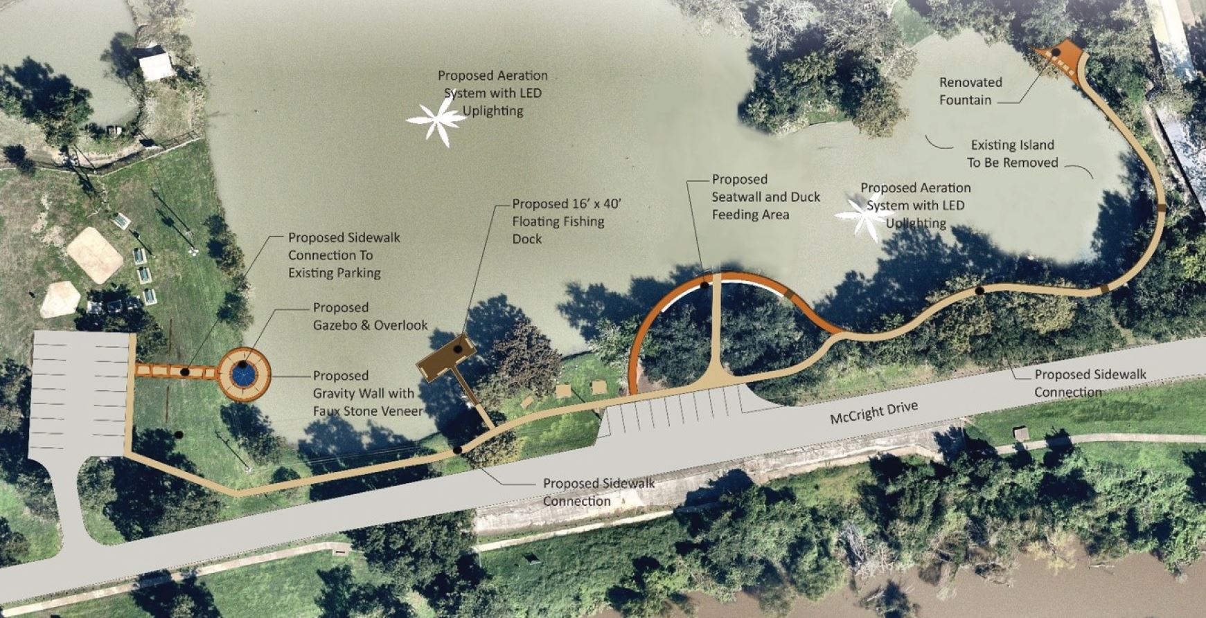The proposed duck pond design, featuring a larger water area and gazebo moved to opposite side