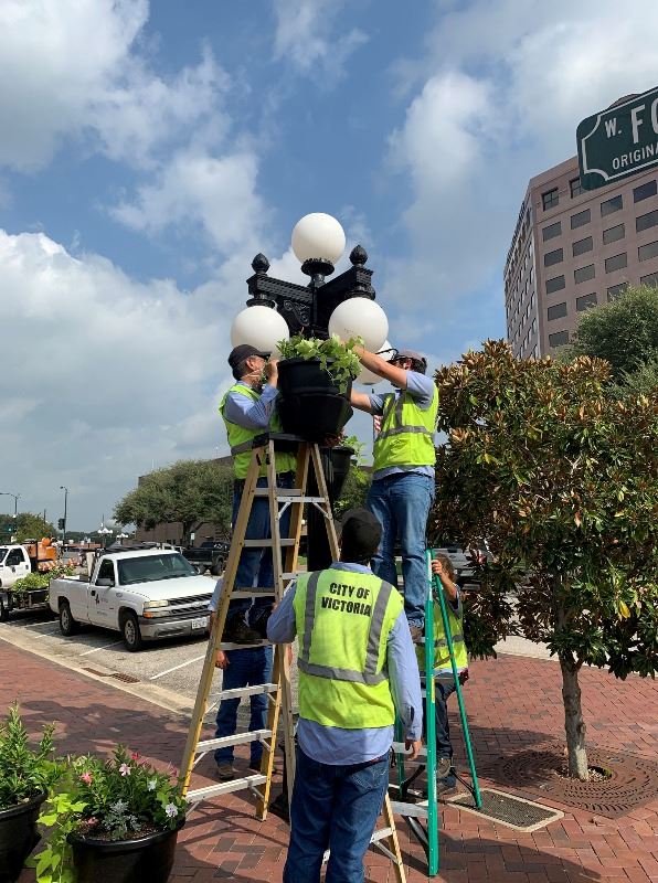 City staff hang flower baskets from the lampposts at the corners of DeLeon Plaza