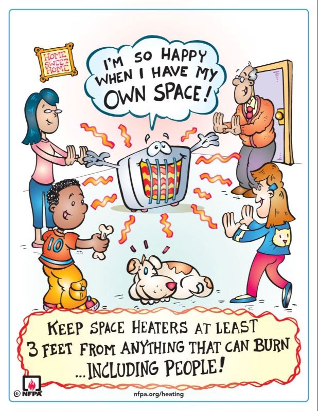 Family forms wide circle around smiling cartoon space heater: I'm so happy when I have my own spa