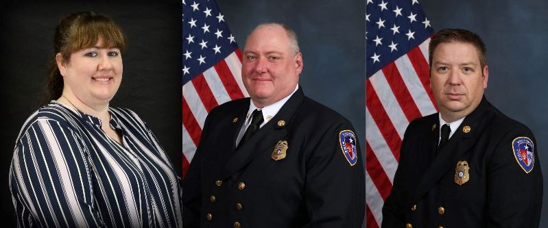 Side-by-side portraits of a woman and two men, both in fire uniforms