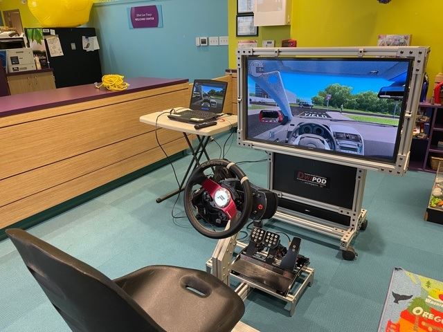 A gaming setup featuring a chair, a steering wheel, brake/gas pedals and a TV screen.