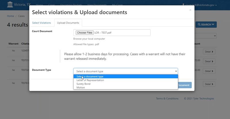 A pop-up window titled Select violations & Upload documents with a drop-down list of document types.