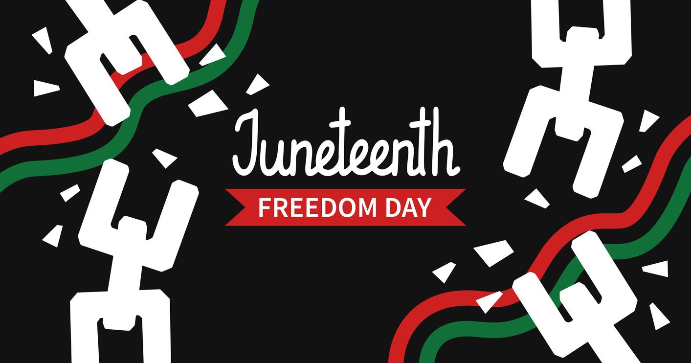 Juneteenth. Freedom Day. Dark-skinned hands waving, gesturing, raising a fist or holding flags.