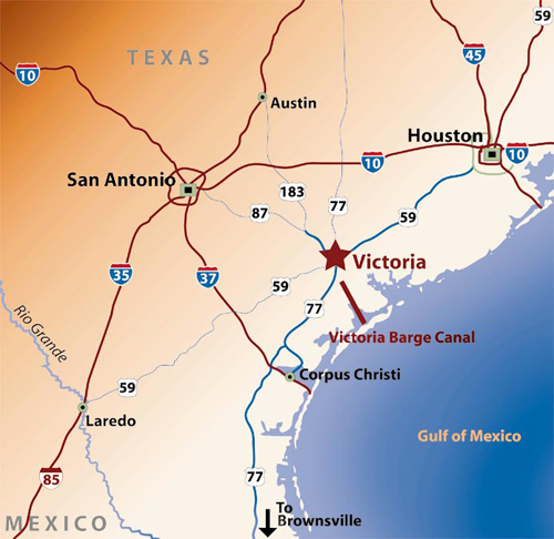 Partial map of the state of Texas, focusing on the city of Victoria