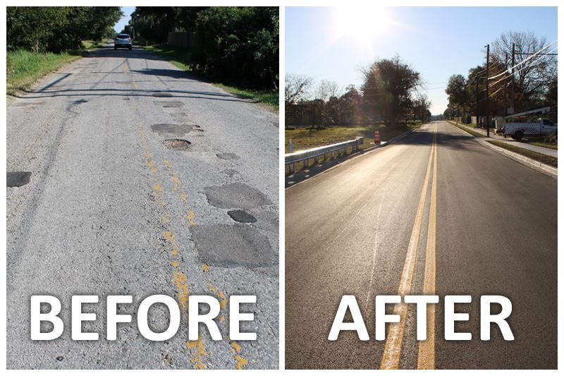 Before and after images of Dairy Road, with severe damage before and smooth black surface after