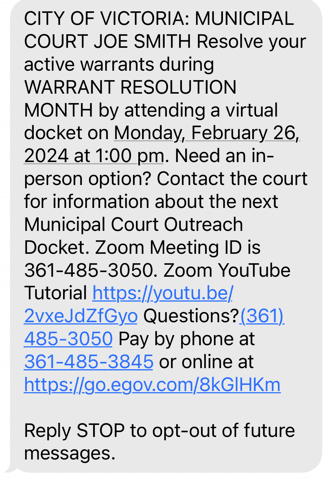 Image of a text message that explains the date and time of the virtual docket and how to join.  