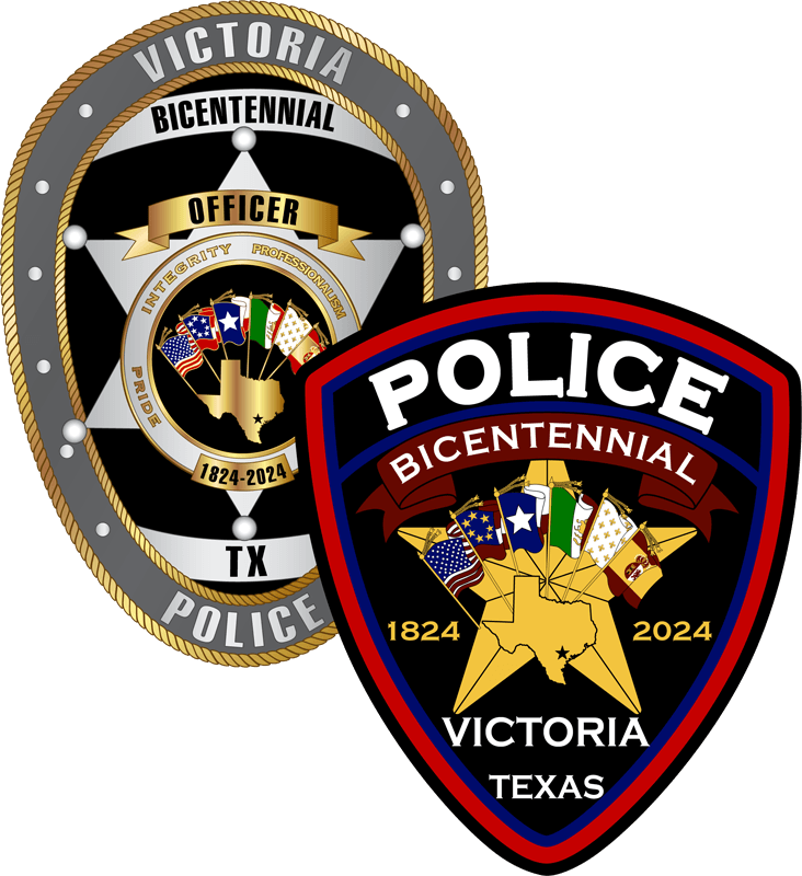A police badge and patch featuring an image of the six flags and the word Bicentennial.