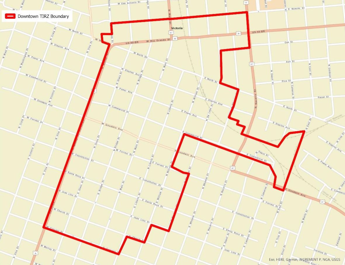 Map showing an irregularly shaped area downtown bordered by Nueces, Moody and Convent streets