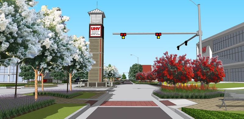 Concept art showing a road with landscaping, crosswalks, traffic lights and a UHV clock tower