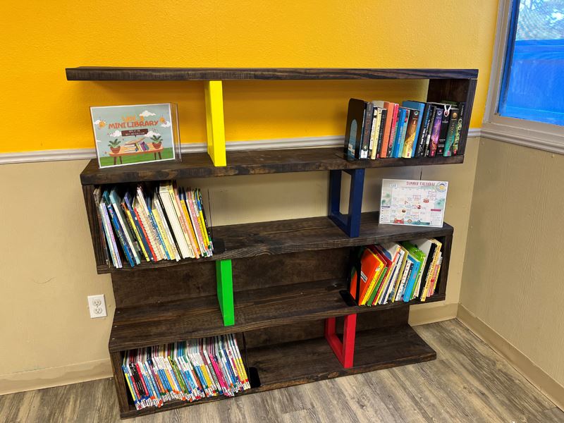 A bookshelf made of dark wood with a few colorful rectangles