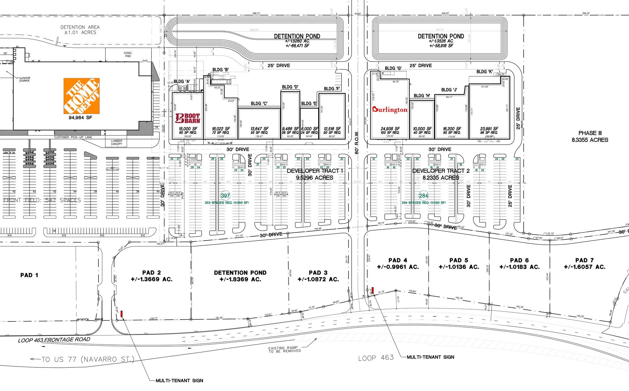 Site map showing a shopping center with 10 vacant spaces, 2 of them Boot Barn and Burlington.